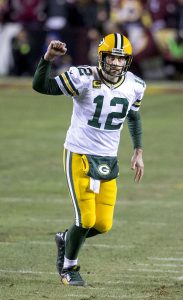 Quarterback Aaron Rodergs von den Green Bay Packers beim Jubel